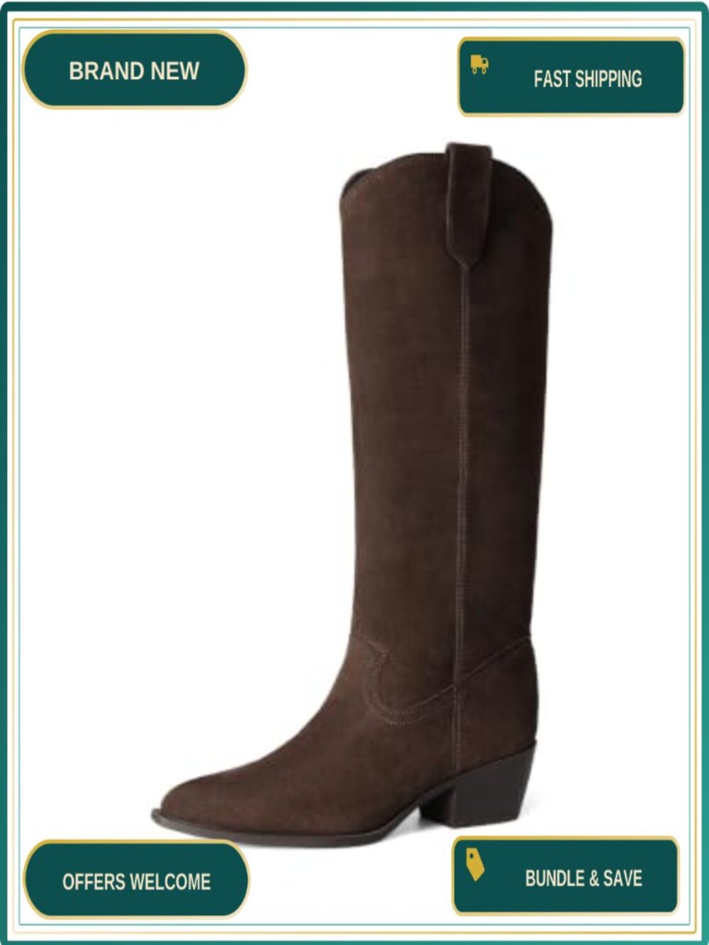 Suede Knee High Western Cowboy Boots Pointed Toe Pull On